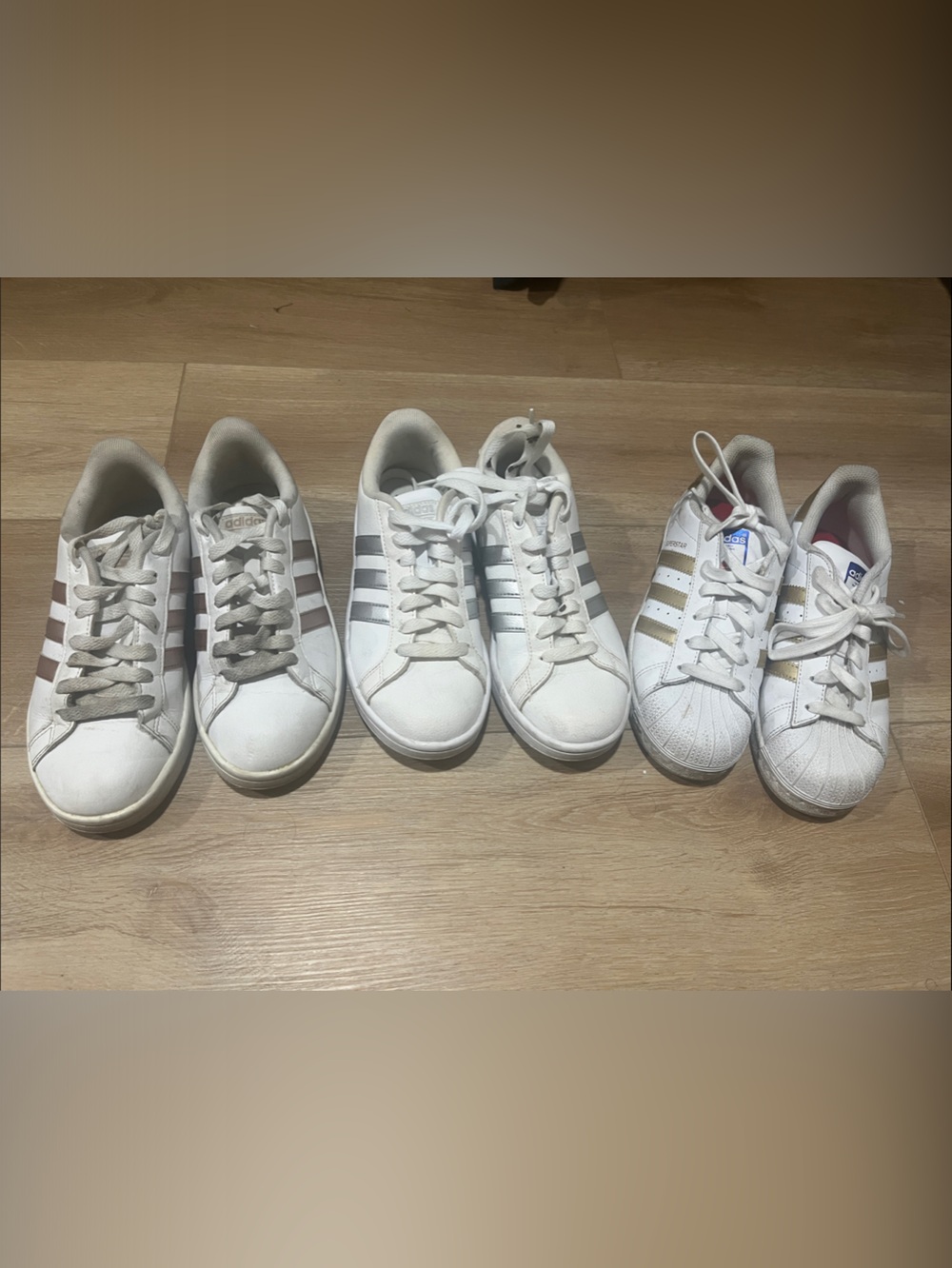 ADIDAS Women’sWhite Sneakers with Metallic Rose, Silver & Gold Stripes (3 Pairs)